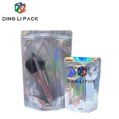 Hot sales clear window front hologram stand up zipper bag for beauty brush